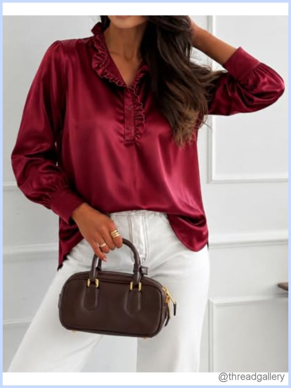 Satin V Neck Ruffled Button Down Blouse - Picture 5 of 6